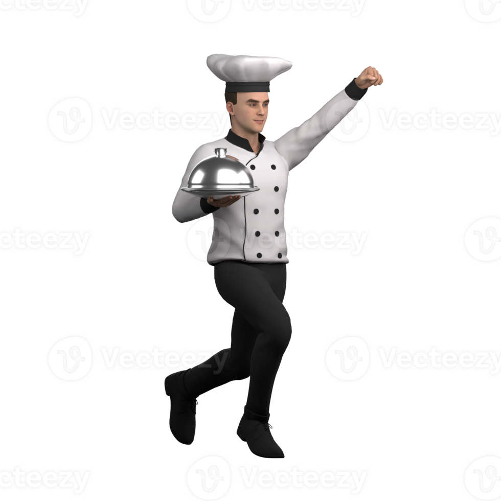 Illustrated 3D Chef. A male chef is walking carrying a plate with a cloche lid in his right hand and clenching his left fist towards the front. Male Culinary Expert png