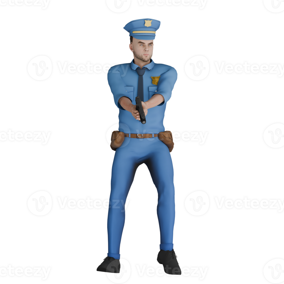 3D Professional Cartoon Cop Character. A male policeman stands with both hands holding a gun towards the front. Male Officer png