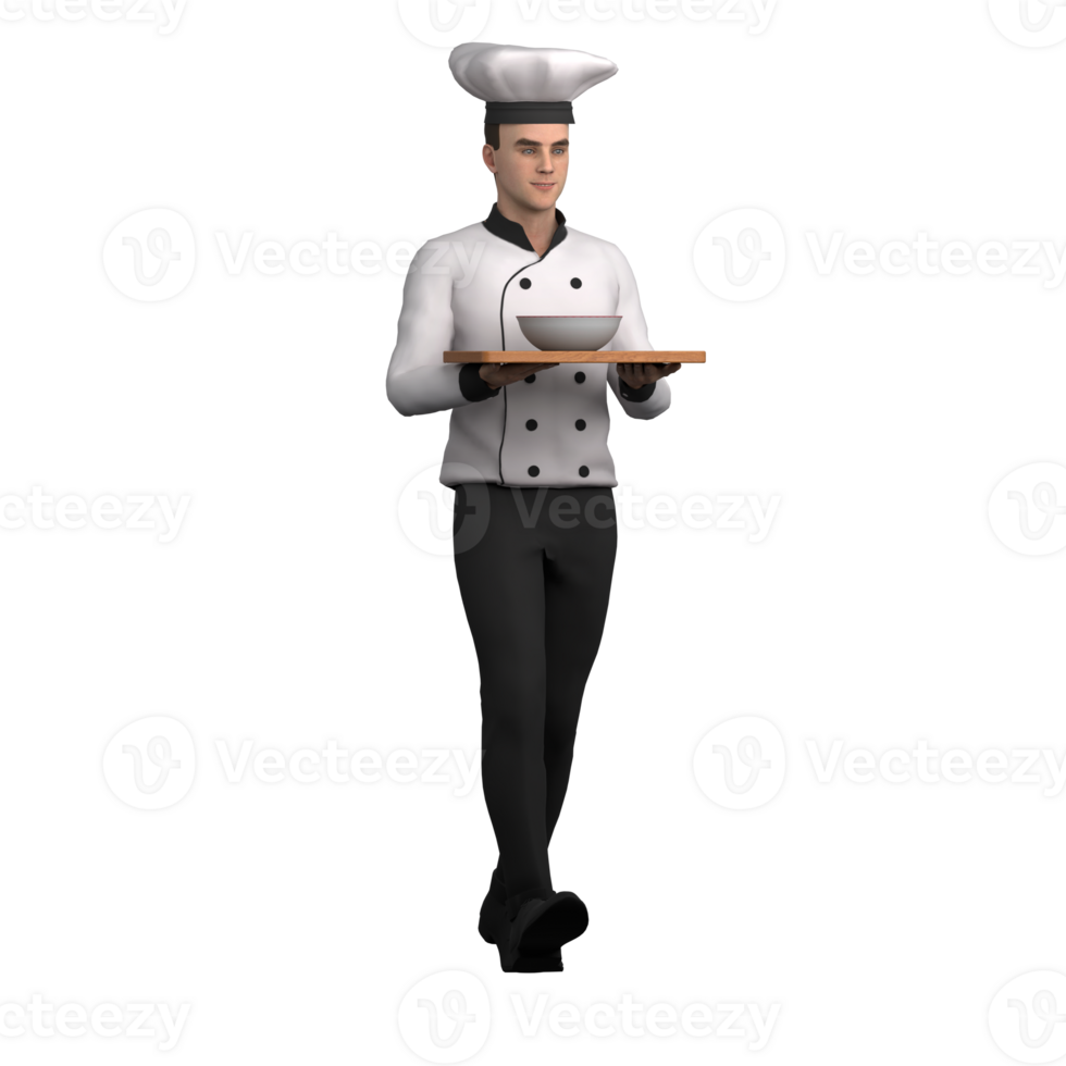 Culinary Expert 3D. A male chef is walking carrying a tray and bowl with both hands. Chef Cartoon png