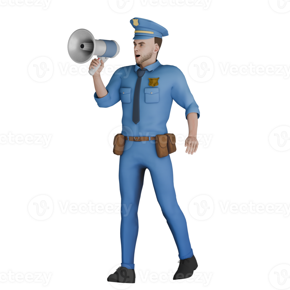 Illustrative 3D Cartoon Cop. A male policeman walks to the right with his right hand holding a loudspeaker. Police Leader png