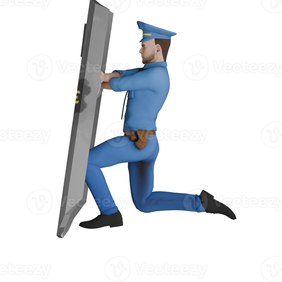 Male Cartoon Cop Professionalism in 3D. A male police officer crouches behind a riot shield in a position facing right. Law Enforcement png