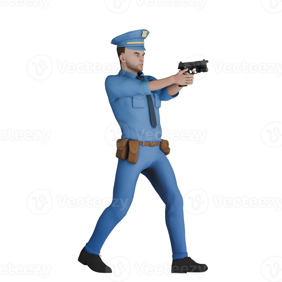 3D Male Cartoon Police on Patrol. A male policeman walks facing left with both hands holding a gun towards the front. Cop Action png