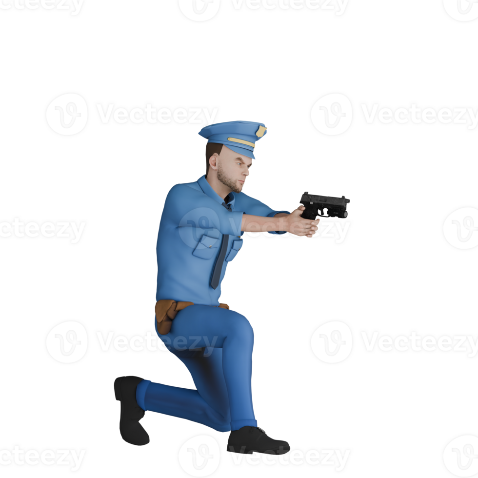 Male Cartoon Law Artist 3D Model. A male police officer kneels with a position facing left while both hands hold a gun in the position of who is shooting. Police Officer png