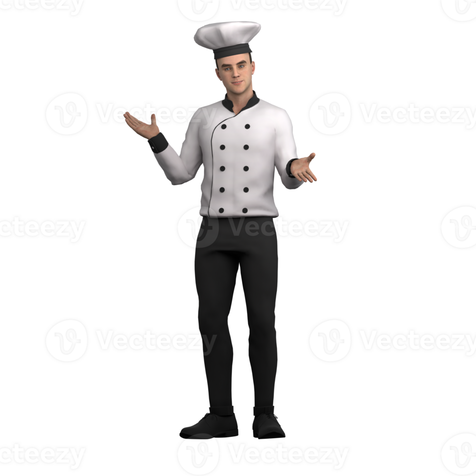 Professional Chef 3D. A male chef stands with open arms as if explaining or welcoming guests into the kitchen. Male Kitchen Artist png