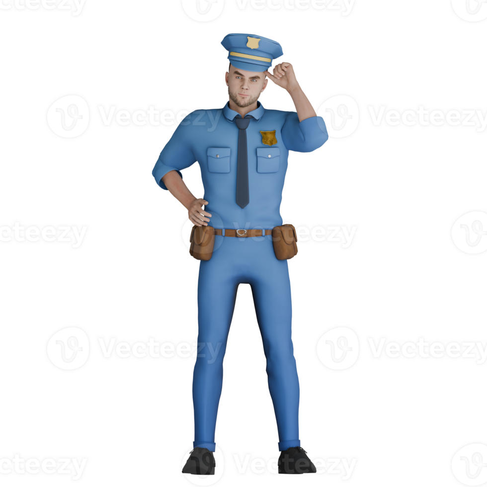 Male Cartoon Police with Badge. A male policeman stands with his right hand on his waist while his left hand is on his head as if he is thinking of something png