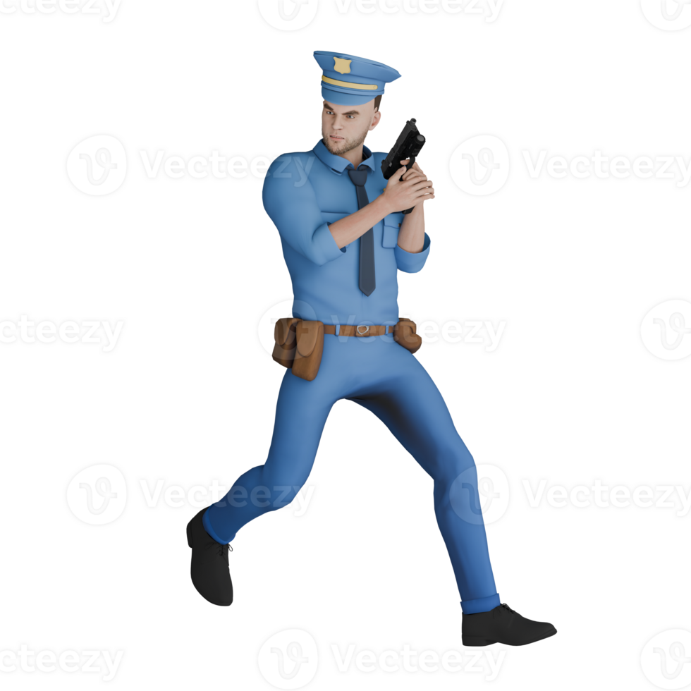 Professional Cartoon Police 3D Art. A male policeman runs while turning his head to the right and holding a gun in both hands. Male Character png