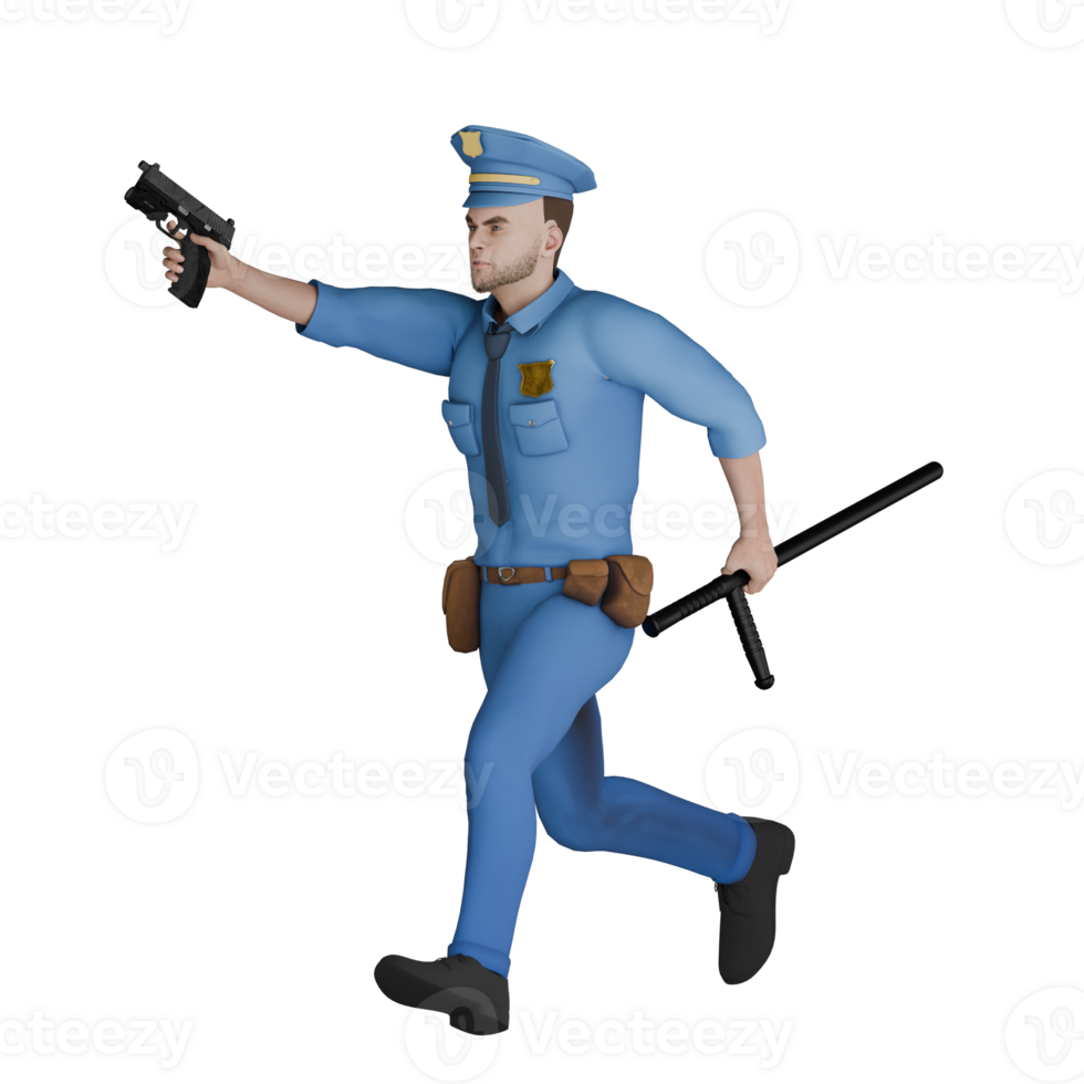 3D Animated Police Character. A male policeman runs to the right with his left hand holding a stick backwards while his right hand holds a gun forward. Male Cartoon Officer png