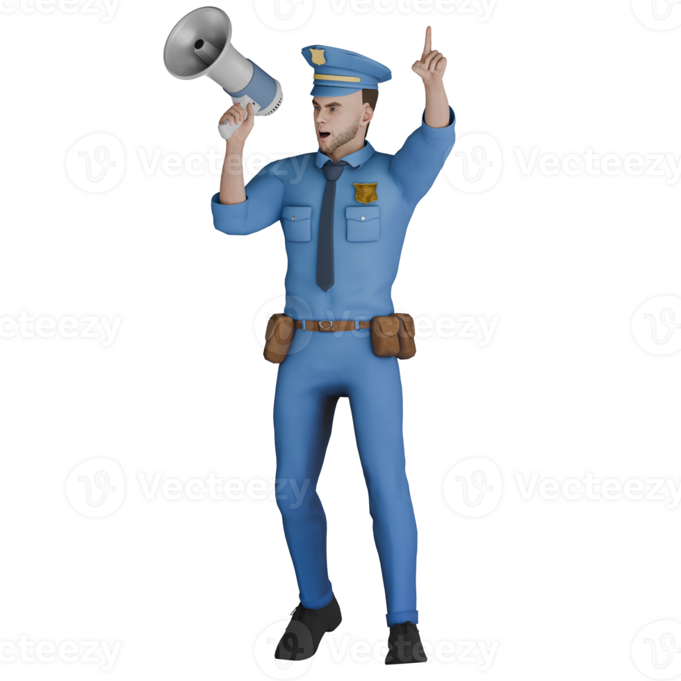 Professional Male Cartoon Police in 3D. A male policeman stands with his left leg slightly raised upwards while his right hand holds the loudspeaker and his left hand points upwards. Cop Character png