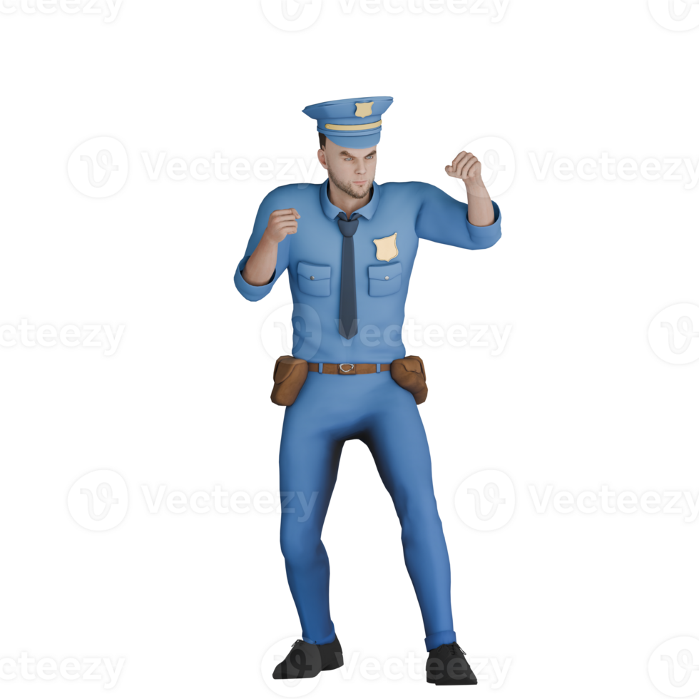 3D Cartoon Character of a policeman. A male police officer is in a position ready for action. He looks alert and prepared for a situation that requires high alertness. Male Police Officer png