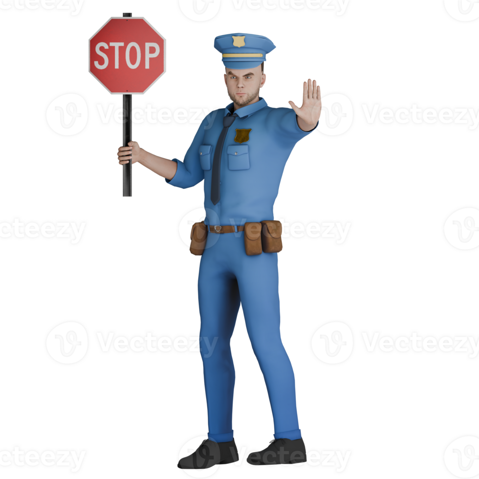 Male Cartoon Police Law Professional. A male police officer stands with his right hand holding a stop sign while his left hand is straight forward giving a stop signal. 3D Animation png