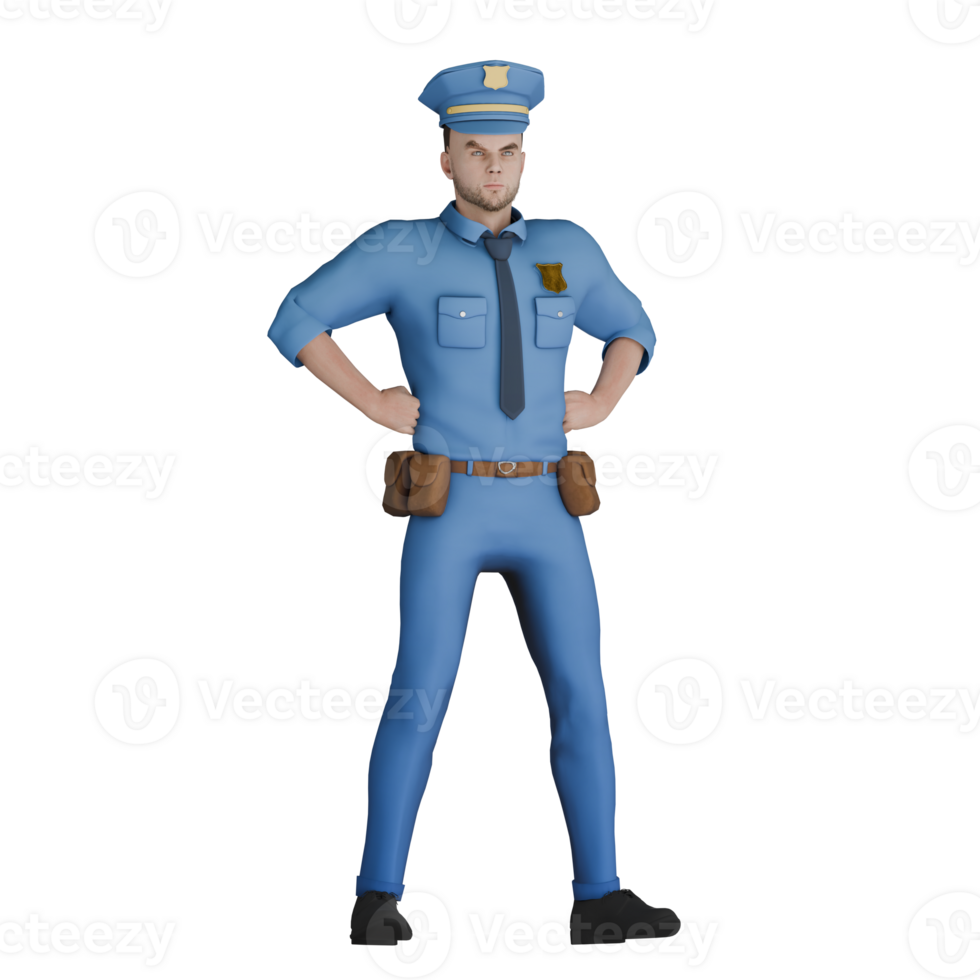Cartoon Style Police Officer. A male police officer stands with both fists on his waist. 3D Man png