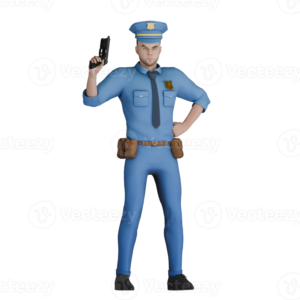Professional Legal Cartoon A male police officer stands with his left hand on his waist while his right hand holds a gun pointed upwards. 3D Man png