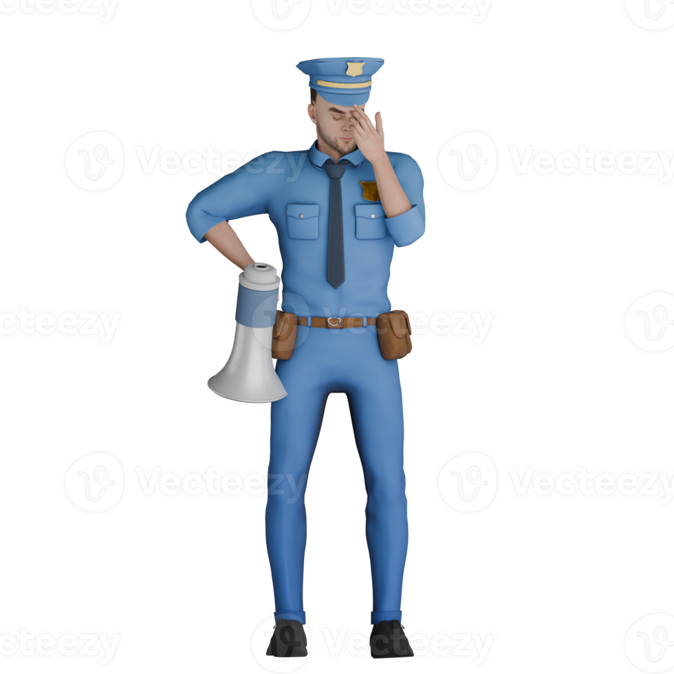 Cartoon Cop's Daily Routine in 3D. A male police officer stands with his left hand holding his forehead while his right hand holds a loudspeaker at his waist. Male Officer png