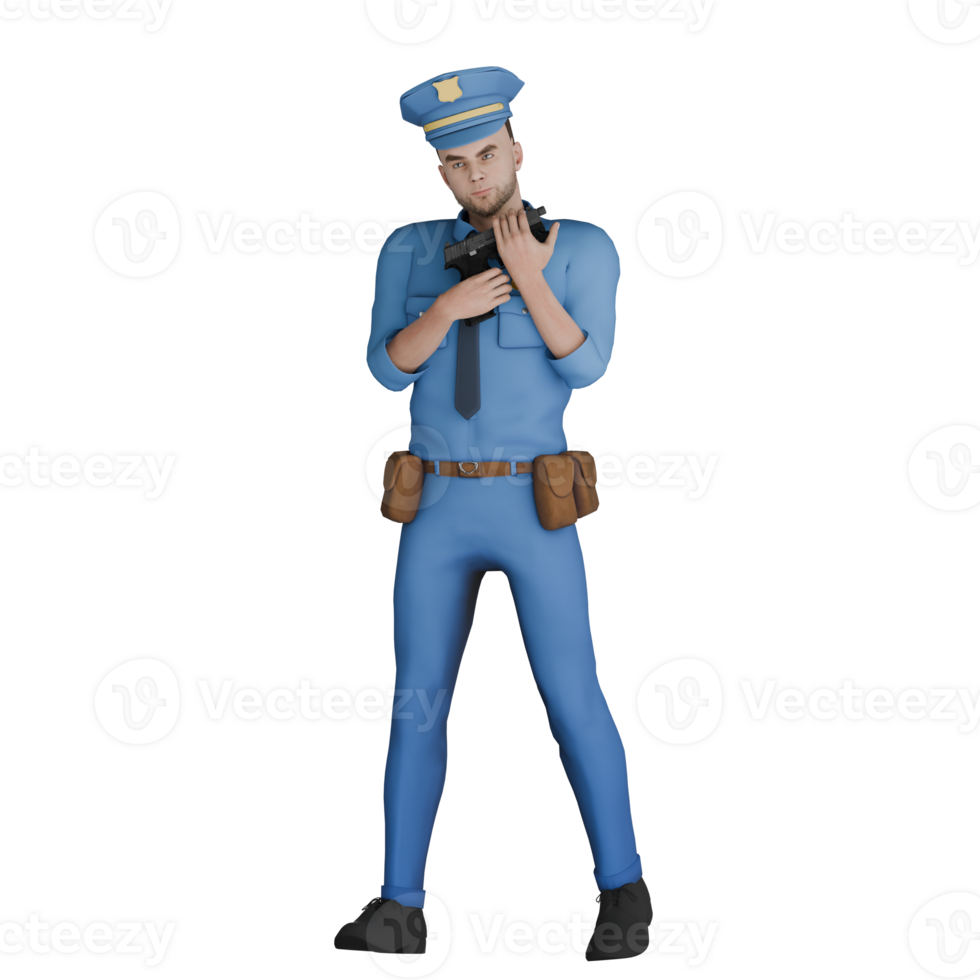 Animated 3D Law Illustration. A male policeman standing with both hands holding a gun in front of his chest. Professional Cartoon Police png
