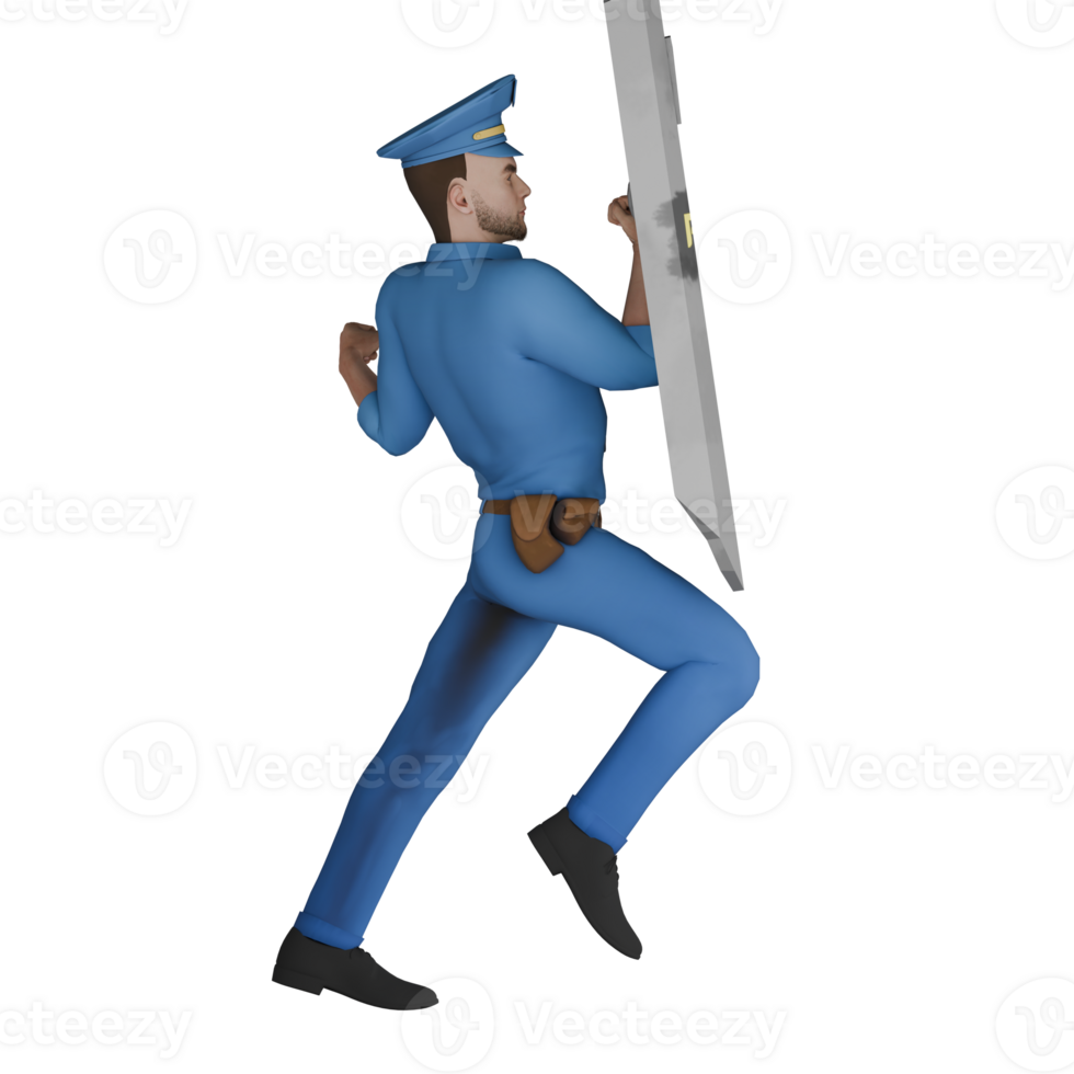 3D Male Cartoon Cop in Action. A male police officer standing with his left leg bent upwards while his right hand carries a riot shield with a position facing left as if preparing to hold something png