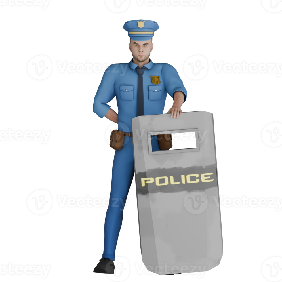 Animated Professional Cartoon Police. A male police officer stands with his right hand bent behind his body while his left hand holds a riot shield. 3D Male png