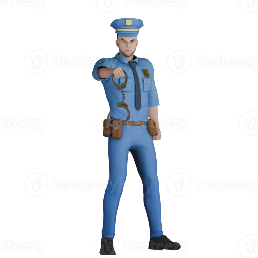 of a Law Cartoon Expert. A male policeman standing with his right hand carrying handcuffs pointed forward. Male Police png