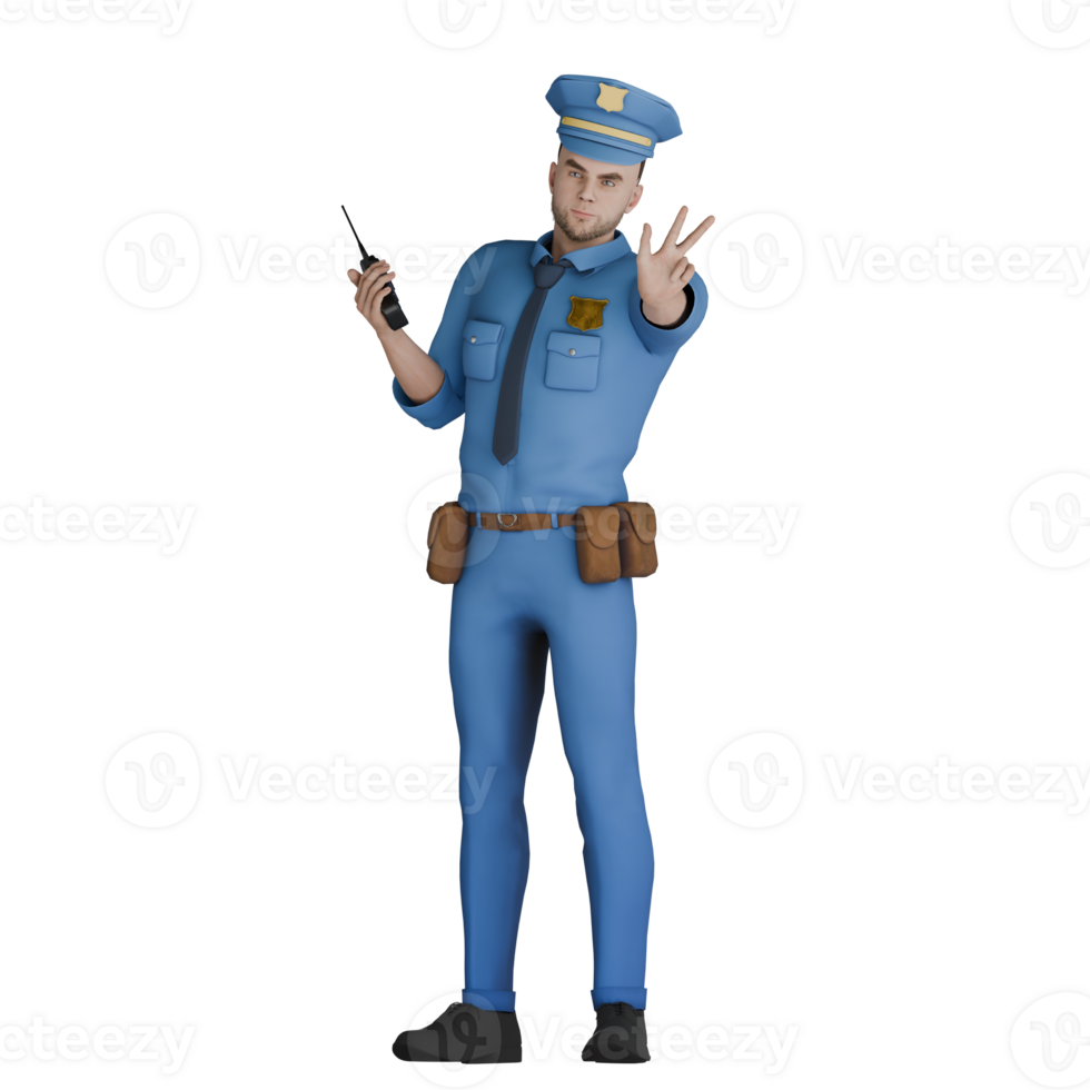 Animated Male Cartoon Cop. A male policeman stands with his left hand forward while his right hand holds the ht. 3D Law Enforcement png