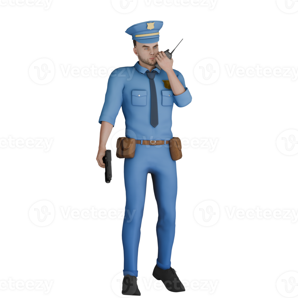 Professional Cartoon Police Character. A male polie officer stands with his left hand holding a HT while his right hand holds a gun. 3D Male Model png