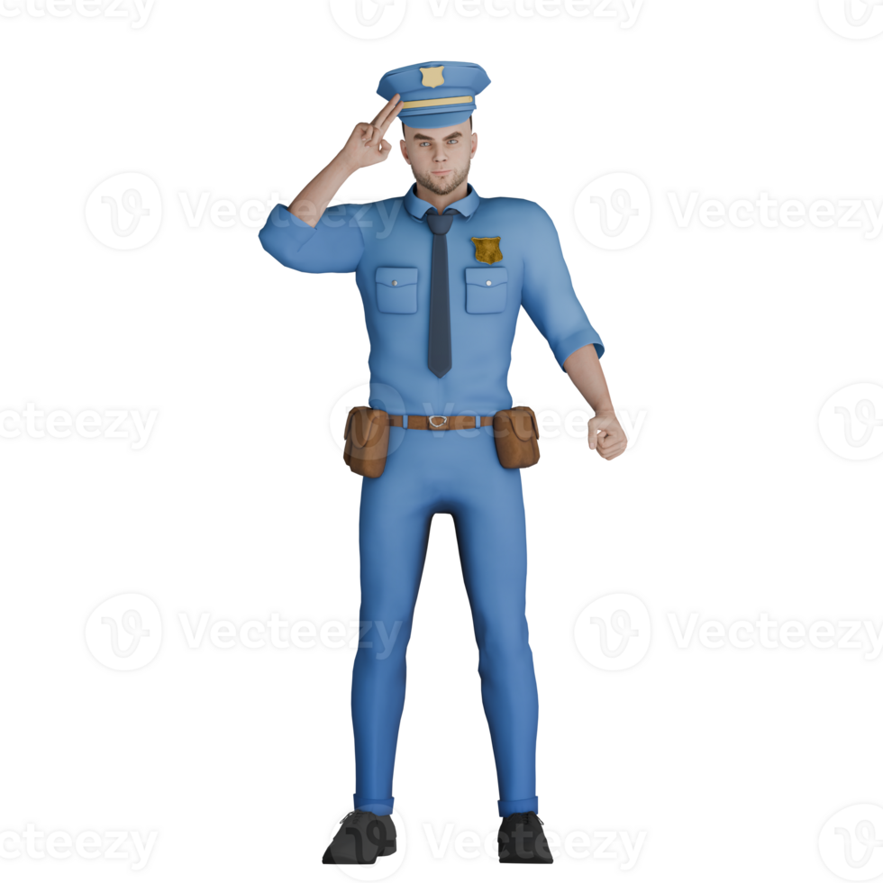 Cartoon of a Male Cop. A male policeman stands with his right hand pointing towards the hat. 3D Police Style png