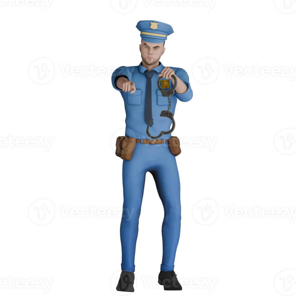 Professional Man. A male police officer stands with his left hand holding handcuffs while his right hand points forward. 3D Police png