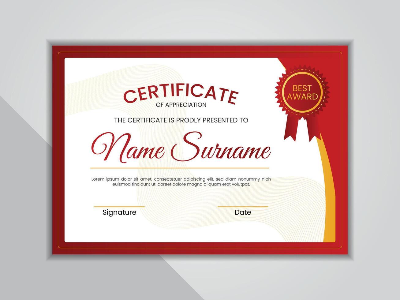 Red and gold certificate template with badge. vector