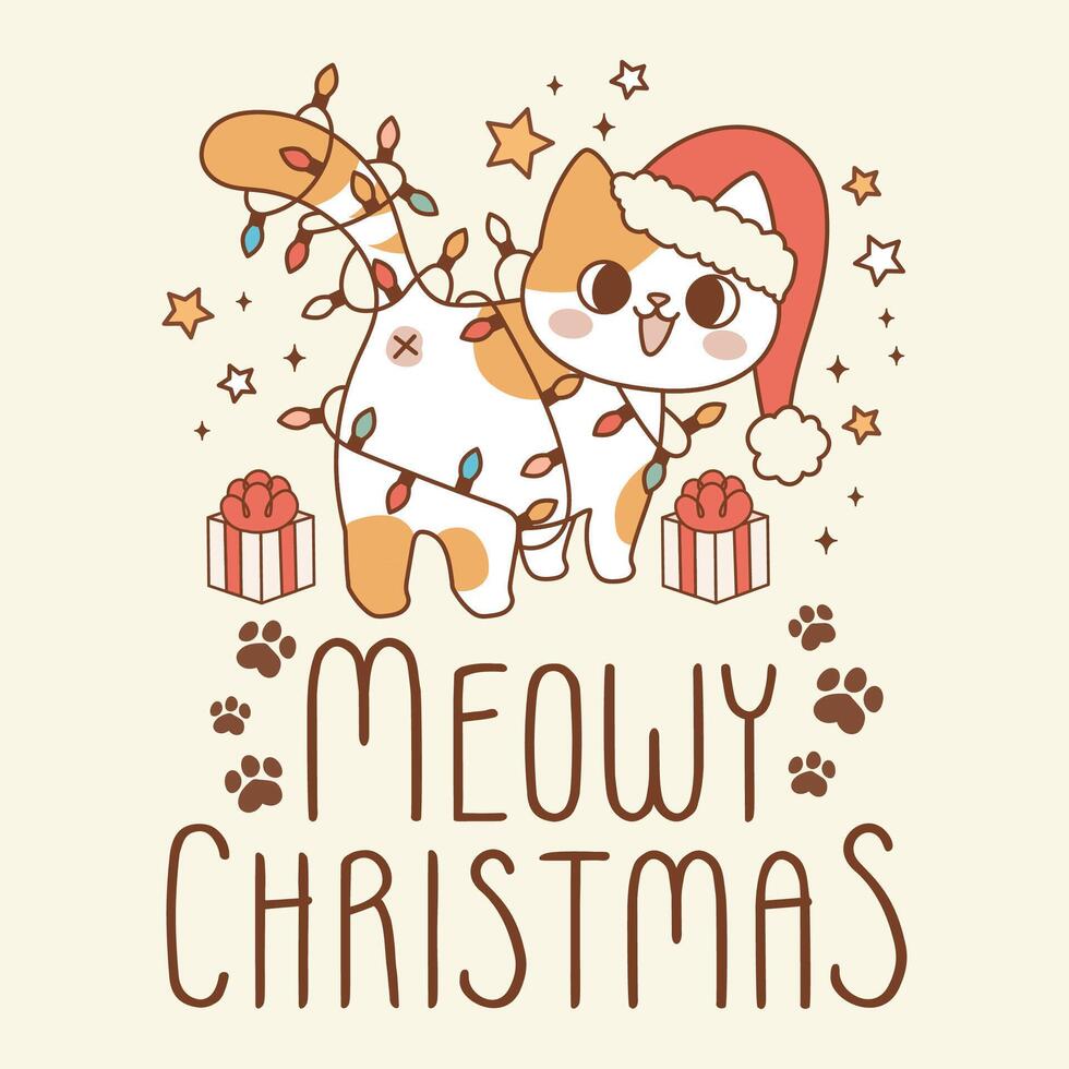 cute illustration of kitten wrapped in christmas lights vector