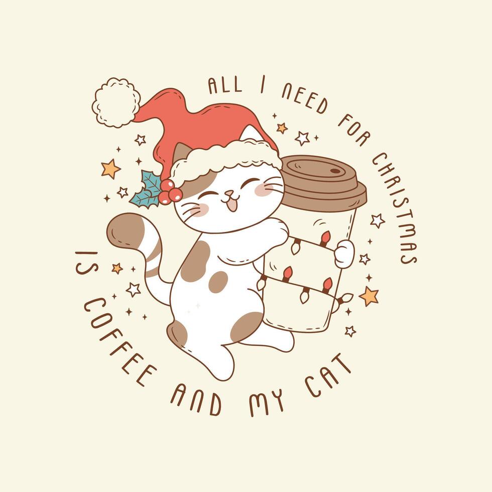 cute illustration with cat hugging coffee cup vector