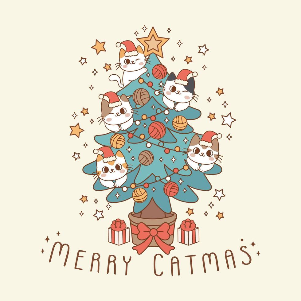 adorable illustration of Christmas tree with kittens vector