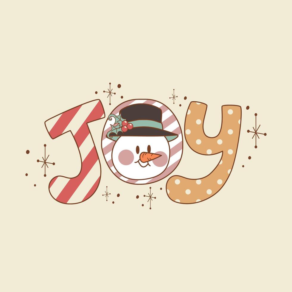 cute retro illustration of snowman with the word joy vector