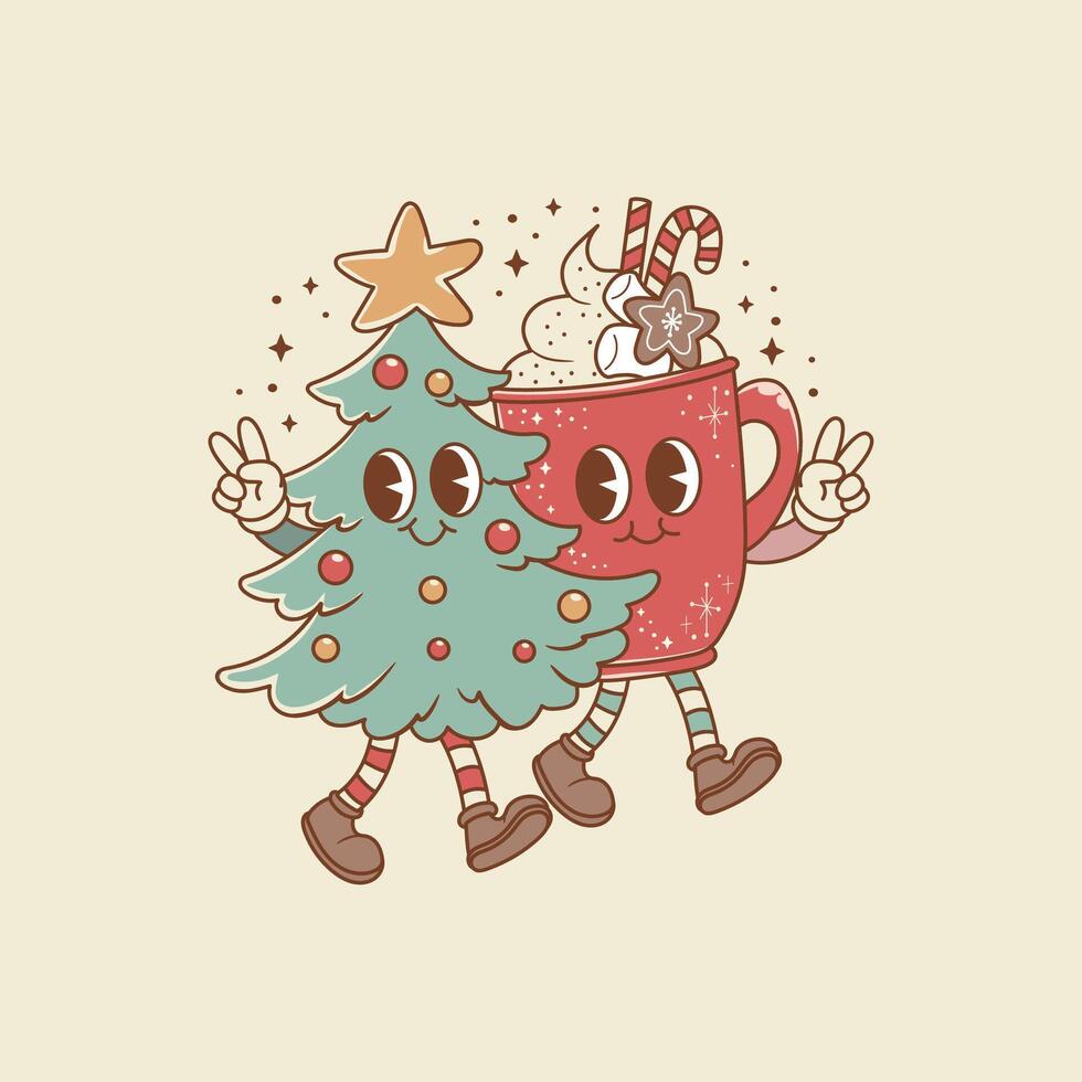 cute illustration of Christmas tree next to cup of hot chocolate vector