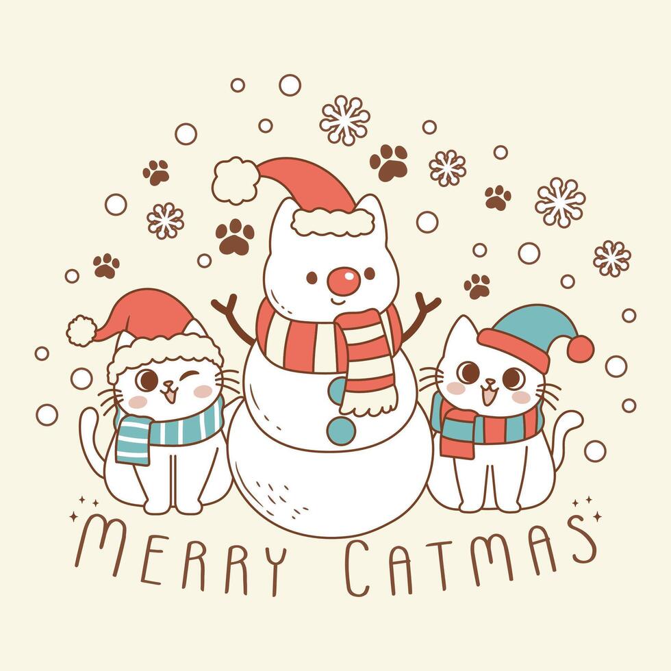cute illustration of Christmas kittens with snowman vector