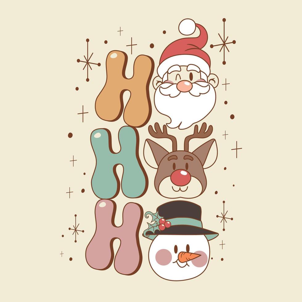 cute retro laughing illustration of santa ho ho ho next to a reindeer and a snowman vector