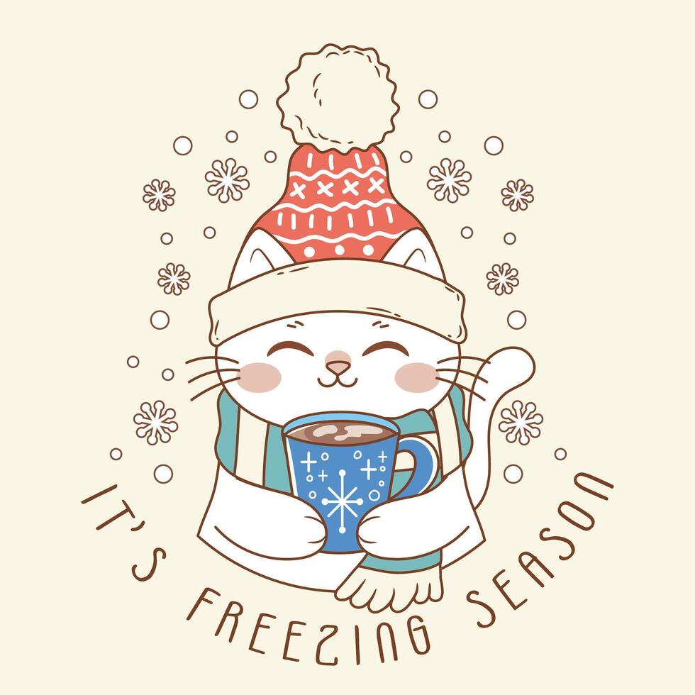 cute illustration of cat holding a cup of hot chocolate vector