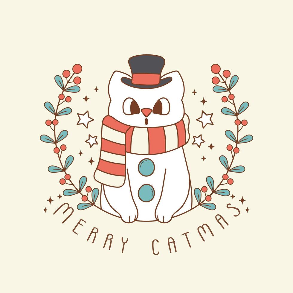 cute illustration of cat disguised as snowman vector