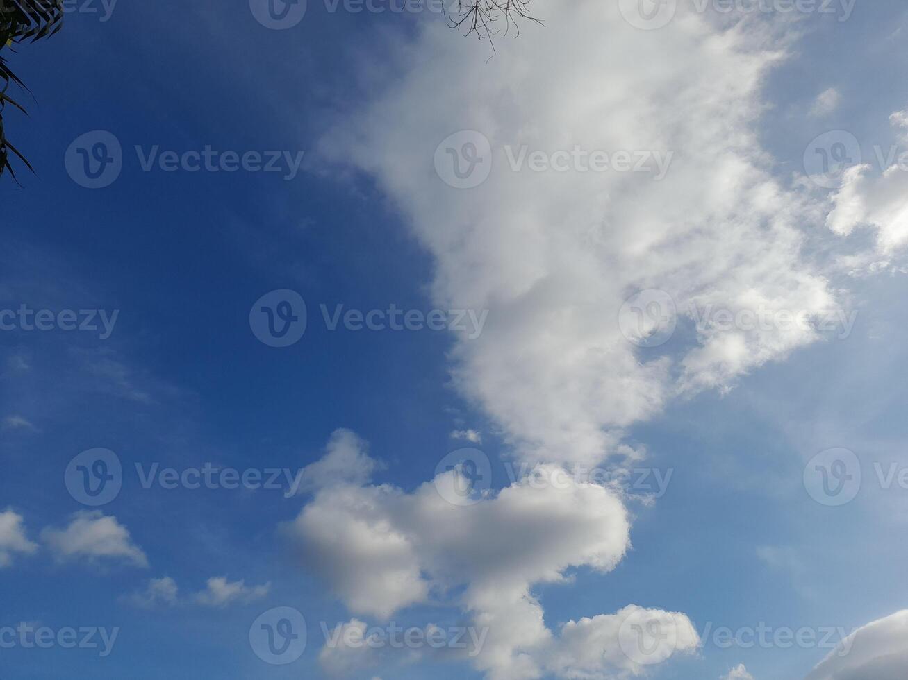 White clouds in the blue sky. Beautiful bright blue background. Light cloudy, good weather. Curly clouds on a sunny day. photo