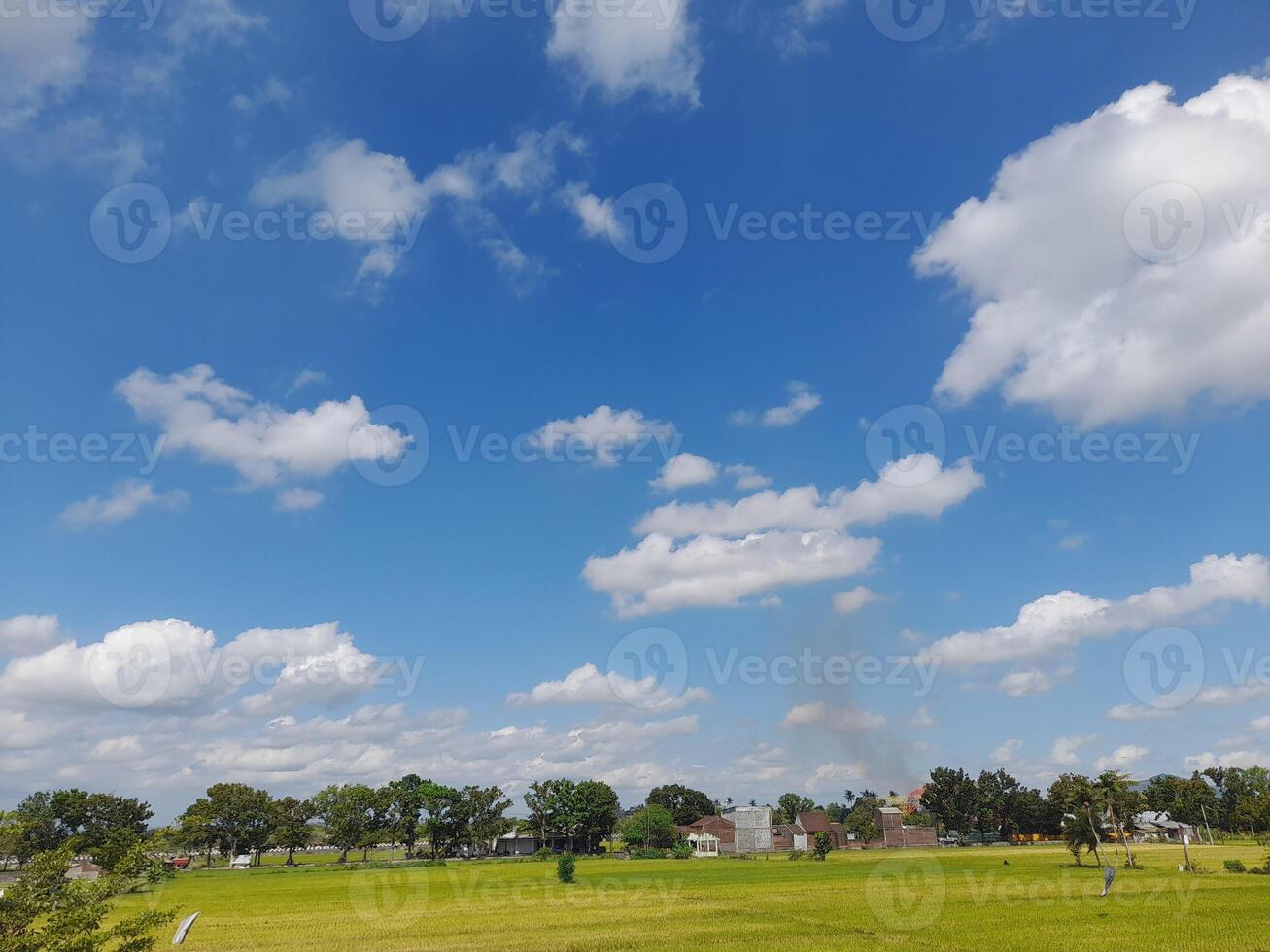 White clouds in the blue sky. Beautiful bright blue background. Light cloudy, good weather. Curly clouds on a sunny day. photo