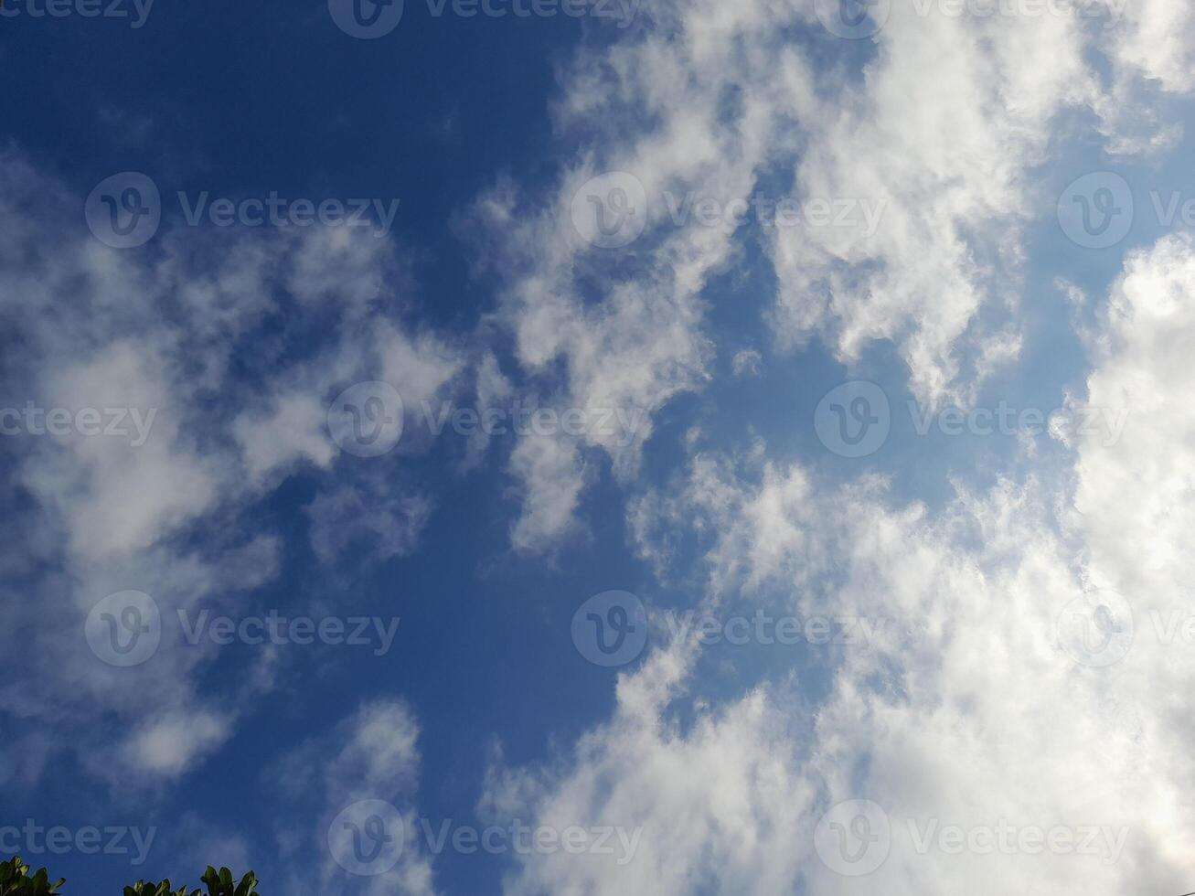 White clouds in the blue sky. Beautiful bright blue background. Light cloudy, good weather. Curly clouds on a sunny day. photo