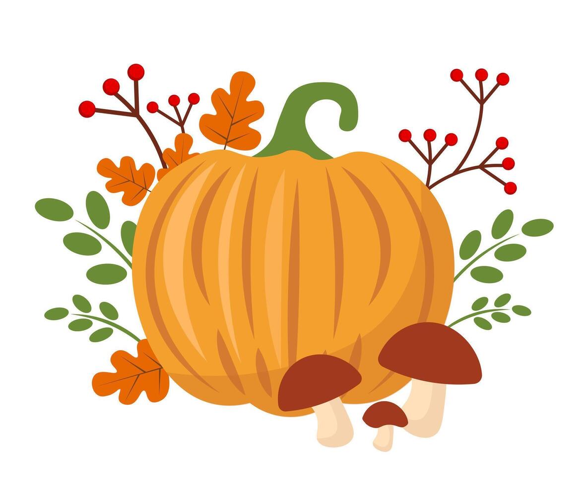 Autumn still life on a white background. Pumpkin, mushrooms and leaves vector