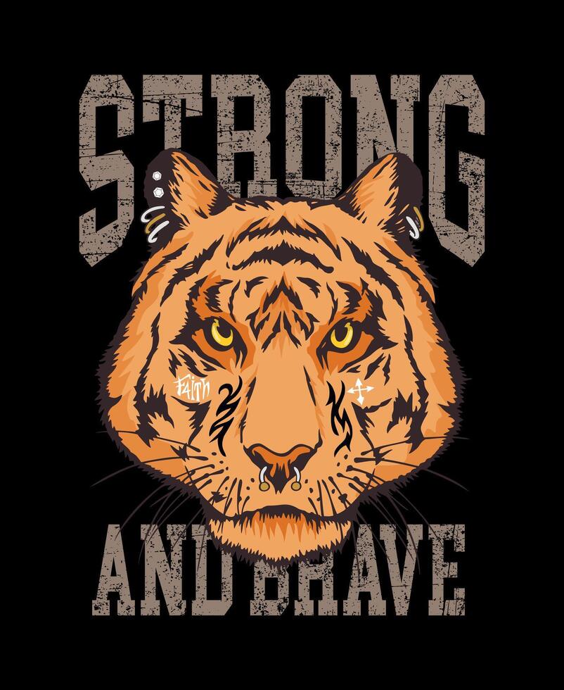 Illustration of a stylish tiger with tattoos and piercings. Art composition with text for prints on t-shirts, posters, etc. vector