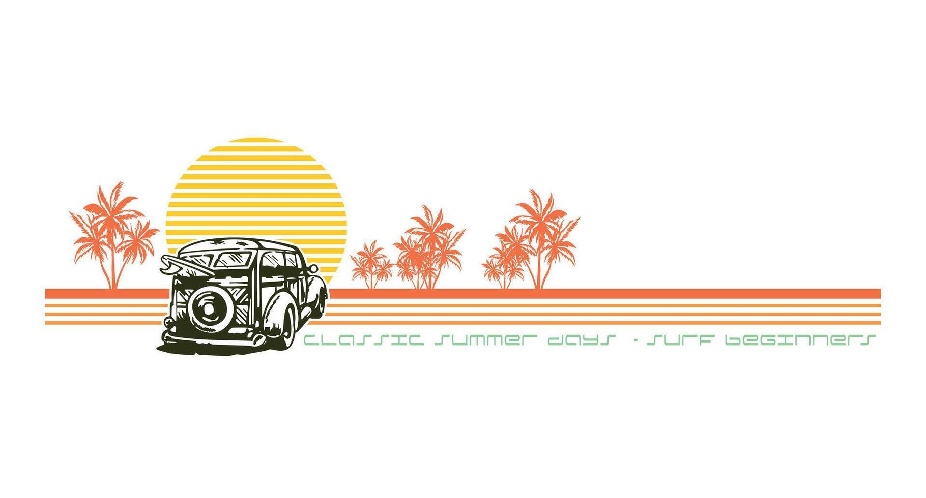 Illustration of a composition with a surfer's car, stripes and coconut trees. Art for printing on t-shirts, etc. vector