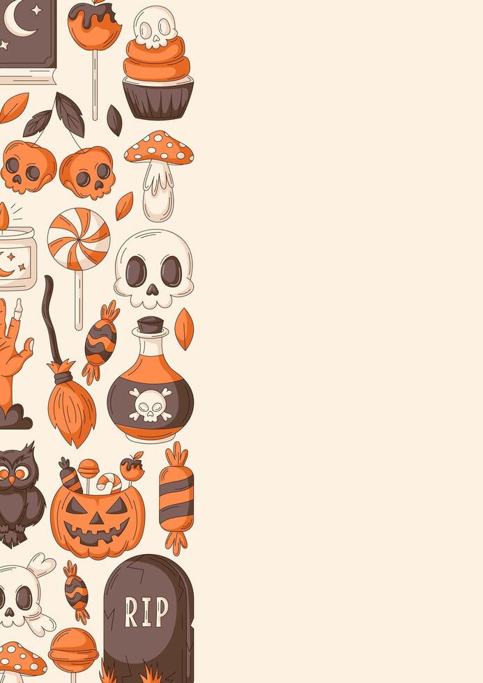 Halloween poster, vertical a4 background, space for text. Colorful holiday icons, left side border frame. Spooky skull, sweets, zombie hand, pumpkin. For banner, invitation, party, planner vector