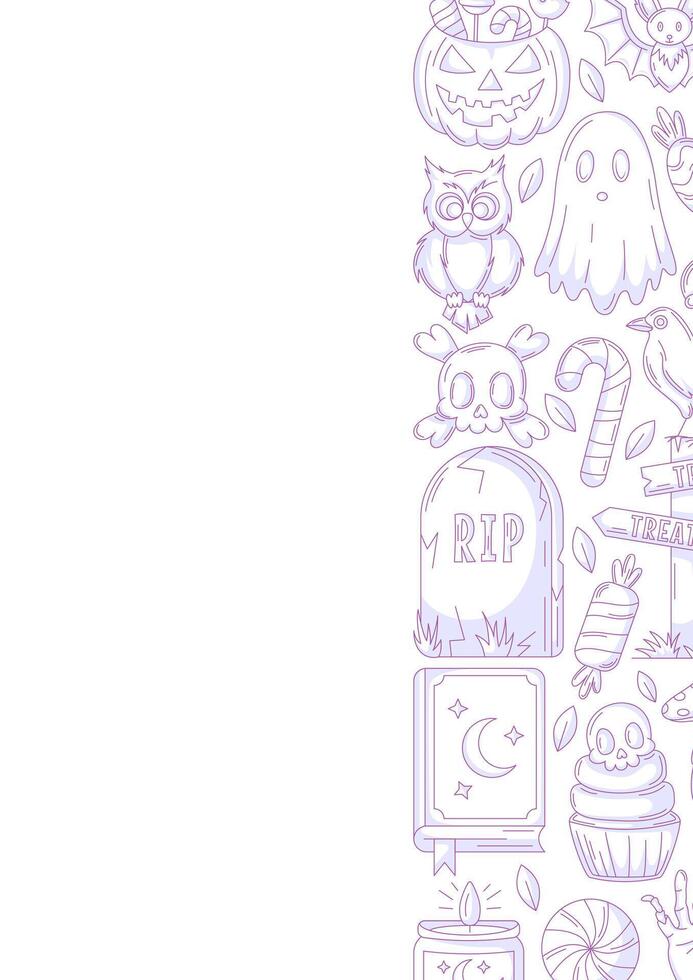 Halloween poster, vertical a4 background, space for text. Minimalist purple icons, right side border frame. Spooky ghost, spell book, skull and bones. For banner, invitation, party, planner vector
