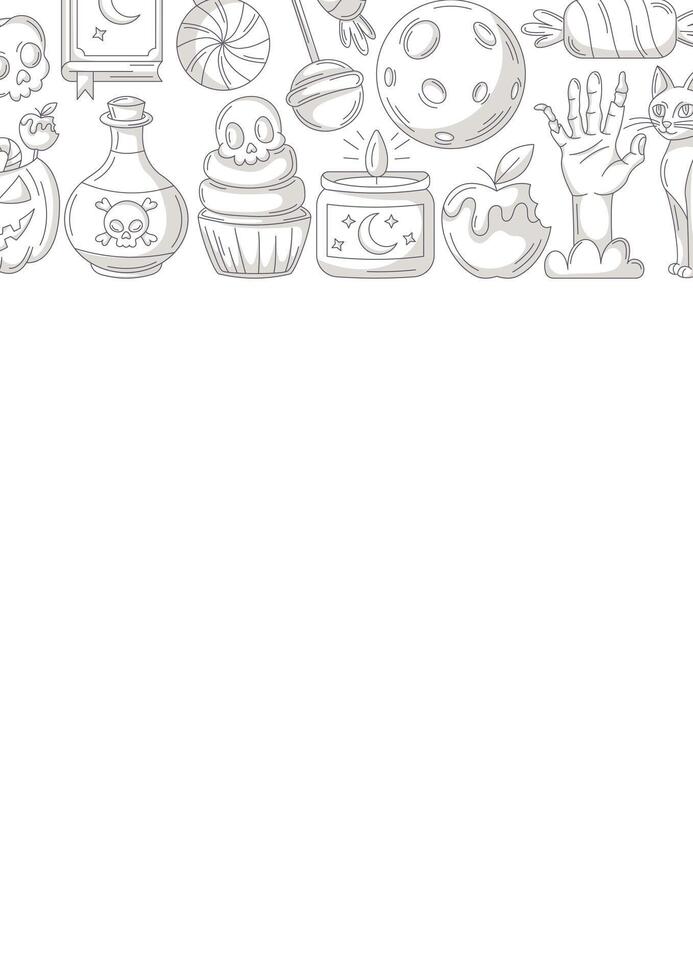 Halloween poster, vertical a4 background, space for text. Minimalist gray icons upper frame. Holiday elements, moon, cat, pumpkin, sweets, zombie hand. For card, banner, invitation, party, planner vector