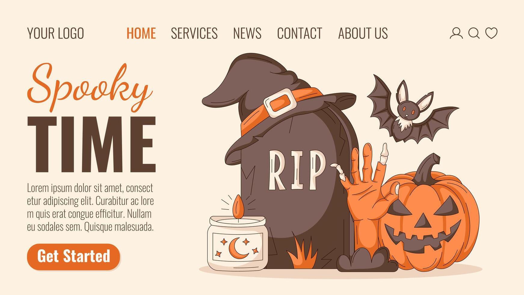 Halloween landing page template. Holiday flat illustration with tombstone, witch hat, zombie hand, candle, bat and pumpkin. For website, web page, online, banner, party. Isolated background vector