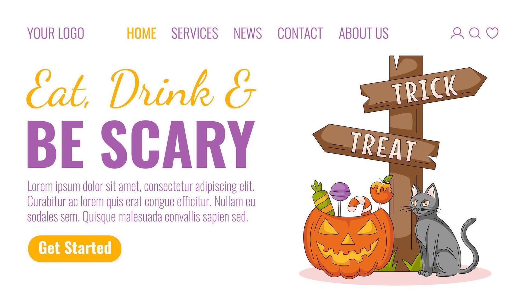 Halloween landing page template. Holiday flat illustration with cat, direction sign with text trick or treat, pumpkin, sweets. For website, web page, online, banner, party. Celebration concept vector