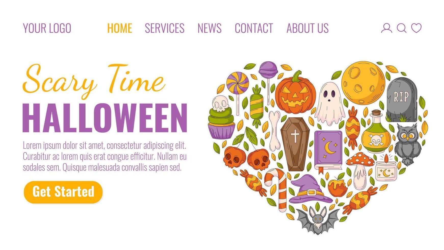Halloween landing page template. Holiday flat illustration, heart shape geometric composition with spooky, scary icons. For website, web page, online, banner, party. October celebration vector
