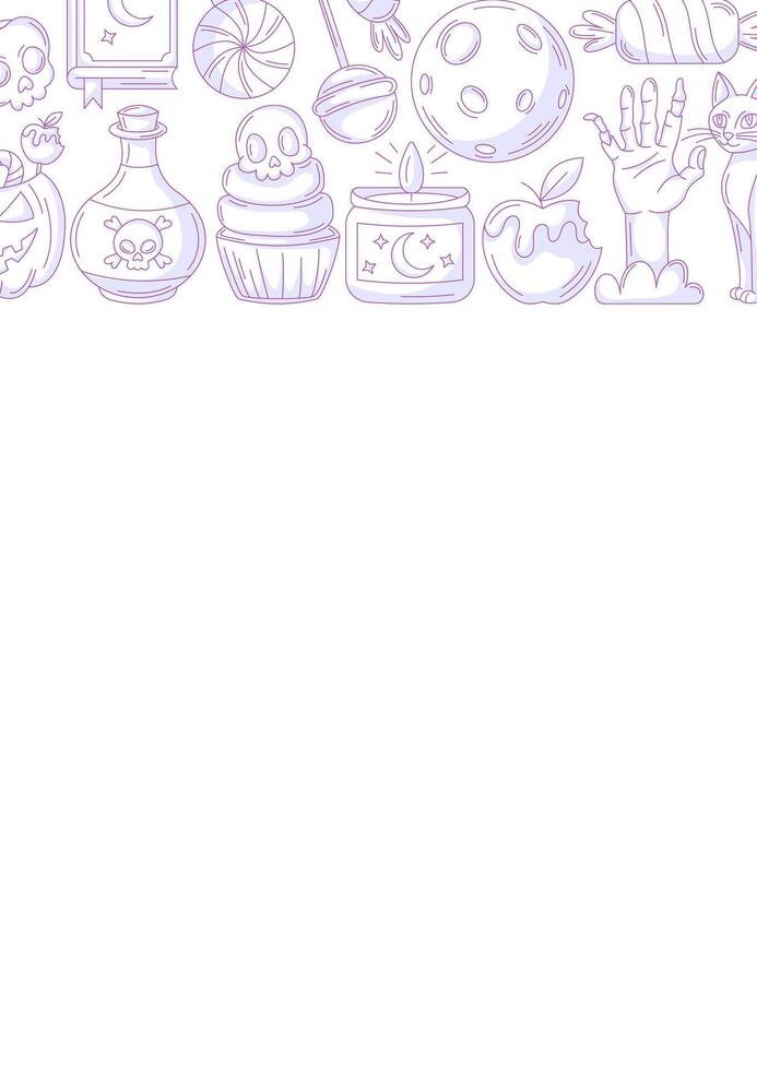 Halloween poster, vertical a4 background, space for text. Minimalist purple icons upper frame. Holiday elements, moon, cat, pumpkin, sweets, zombie hand. For card, banner, invitation, party, planner vector
