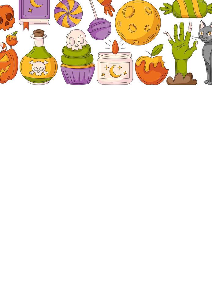 Halloween poster, vertical a4 background, space for text. Colorful icons upper frame. Holiday elements, moon, cat, pumpkin, sweets, zombie hand. For card, banner, invitation, party, fest or planner vector