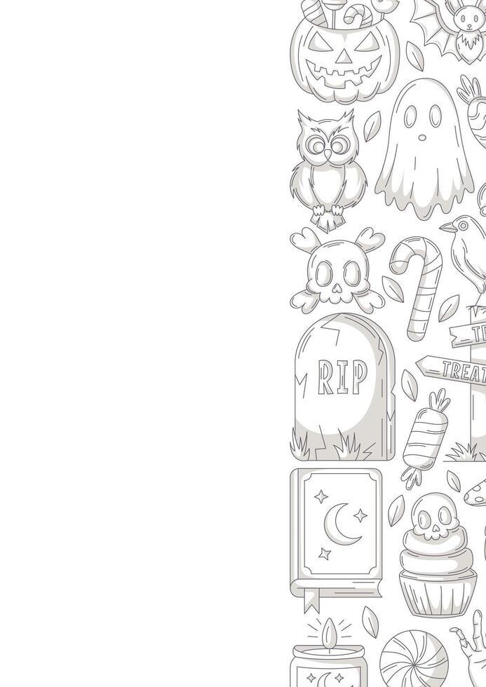 Halloween poster, vertical a4 background, space for text. Minimalist gray icons, right side border frame. Spooky ghost, spell book, skull and bones. For banner, invitation, party, planner vector